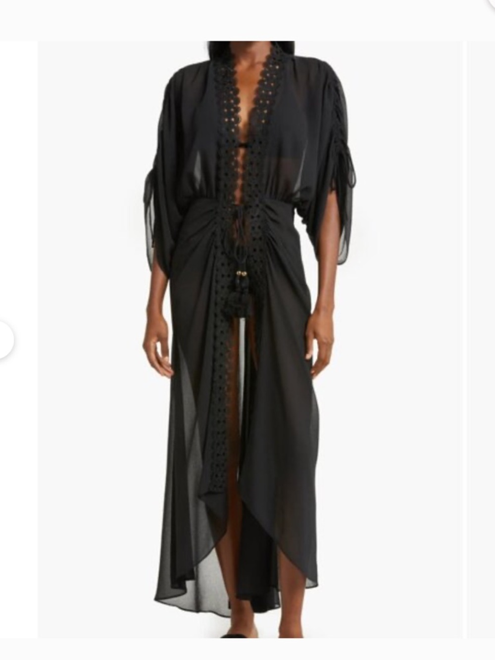 Ramy Brook Black Sheer Crochet-Trim Maxi Swim Coverup